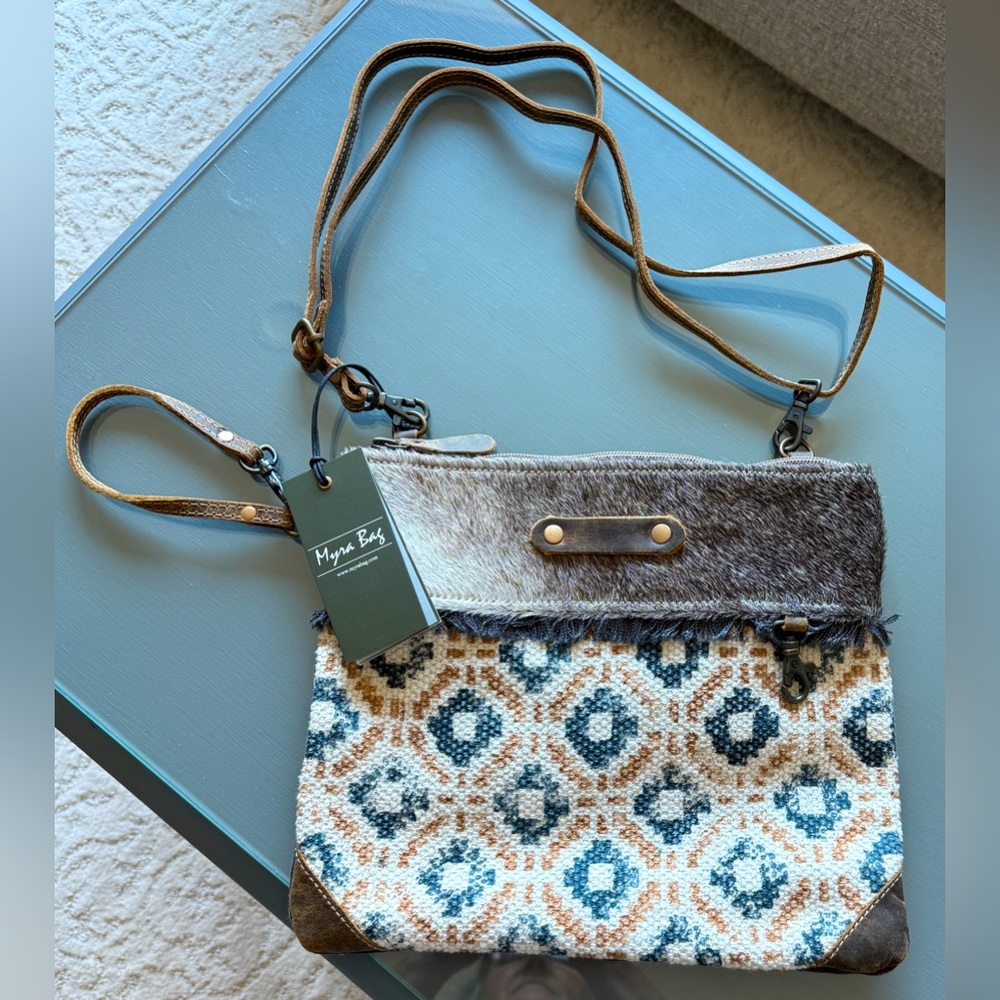 Myra NWT Pixel Pattern Crossbody Canvas and Leather Trim Bag Rustic Country.